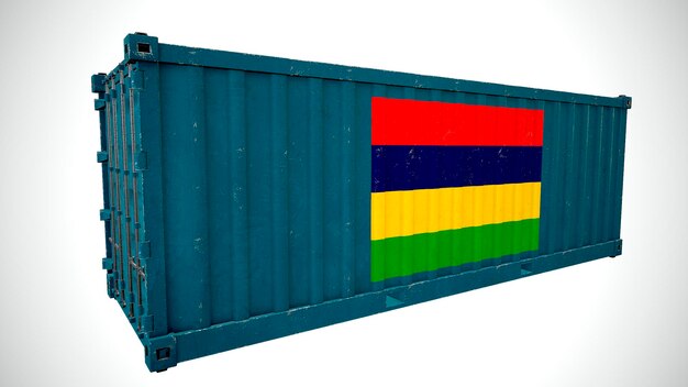 Geïsoleerde 3D-rendering verzending zeevracht container getextureerd met nationale vlag van Mauritius