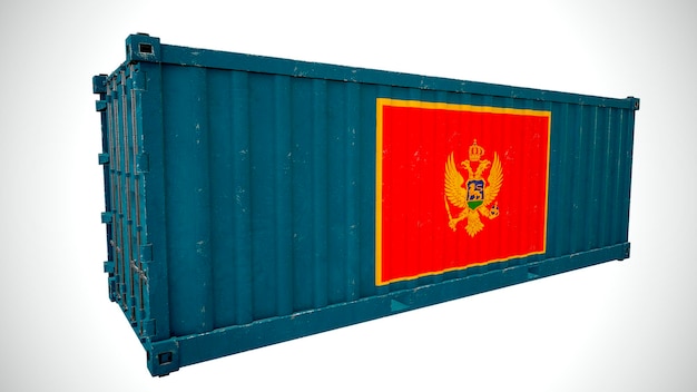 Geïsoleerde 3d-rendering verzending zeevracht container getextureerd met nationale vlag van montenegro