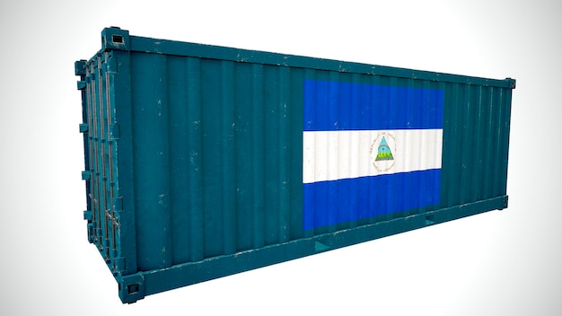 Geïsoleerde 3D-rendering verzending zeevracht container getextureerd met nationale vlag van Nicaragua