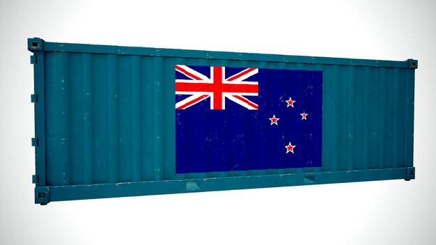Geïsoleerde 3D-rendering verzending zeevracht container getextureerd met nationale vlag van Nieuw-Zeeland
