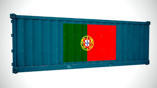 Foto geïsoleerde 3d-rendering verzending zeevracht container getextureerd met nationale vlag van portugal