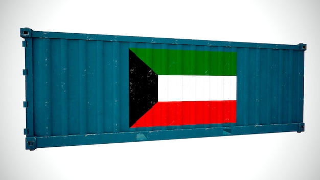 Geïsoleerde 3D-rendering verzending zeevracht container getextureerd met nationale vlag Vlag van Koeweit