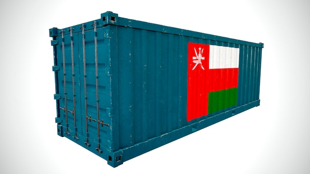 Geïsoleerde 3D-rendering verzending zeevracht container getextureerd met vlag Nationale vlag van Oman