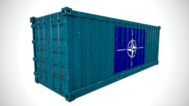 Foto geïsoleerde 3d-rendering verzending zeevracht container getextureerd met vlag van nato