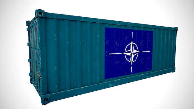 Geïsoleerde 3d-rendering verzending zeevracht container getextureerd met vlag van nato