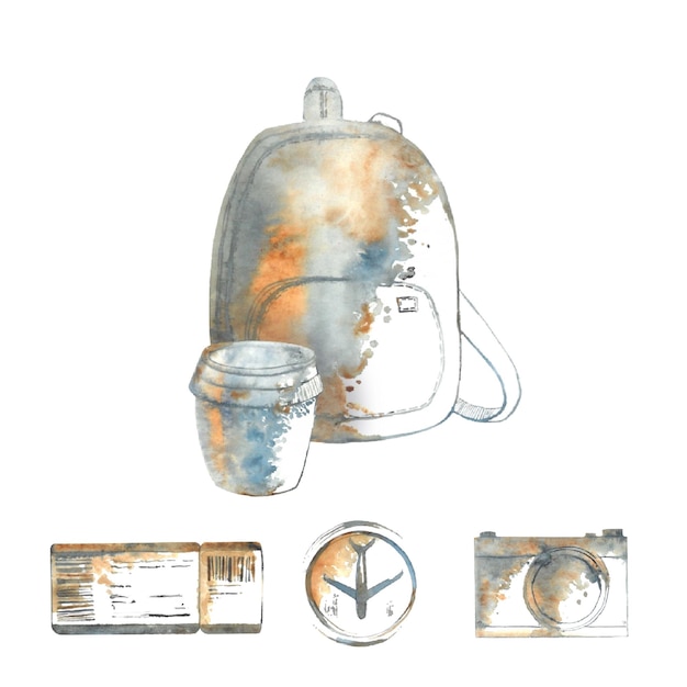 Geïsoleerde aquarel handgetekende tas rugzak knapzak aktetas thermo mok koffiekopje om te gaan