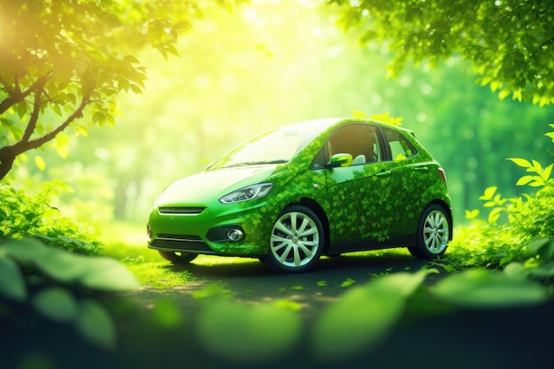 Geïsoleerde ev groene auto gevormd door groene bladeren ai generatief
