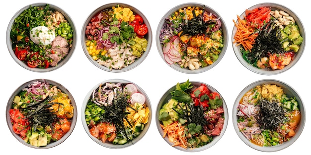 Geïsoleerde geassorteerde verscheidenheid van Hawaiiaanse poke bowls menu-ontwerpcollage