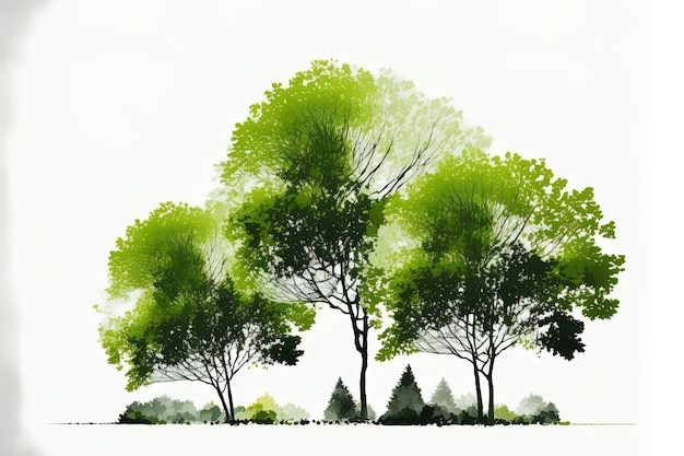Geïsoleerde groene bomen tegen een witte achtergrond Zomer bos en gebladerte