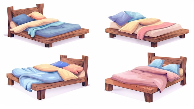Geïsoleerde houten bedden met dekens en kussens op witte achtergrond Moderne cartoon set van eenpersoons- en tweepersoonsbedden met gekleurde linnen dekken en kussens