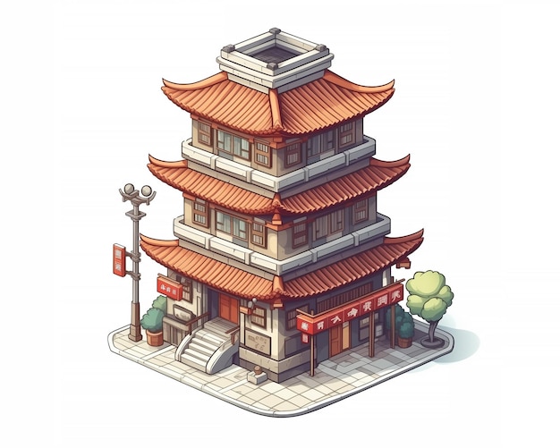 Geïsoleerde isometrische cartoon illustratie van een stad met meerdere verdiepingen Aziatisch Japans gebouw gegenereerd door AI