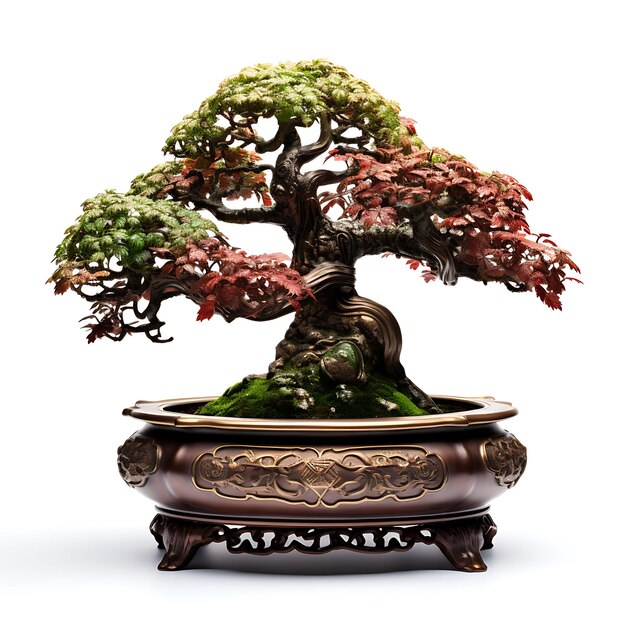 geïsoleerde Japanse esdoorn bonsai boom bronzen pot palmate bladeren antiek op wit BG Japan Chinese kunst