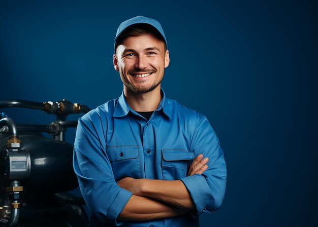 Foto geïsoleerde keteloperator op blauwe achtergrond