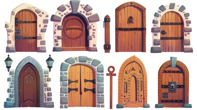 Geïsoleerde middeleeuwse houten deuren op witte achtergrond Moderne illustratie van historische gebouwontwerpelementen stenen veranda boogdeur met afgesloten poort ijzeren deurknop oude architectuur