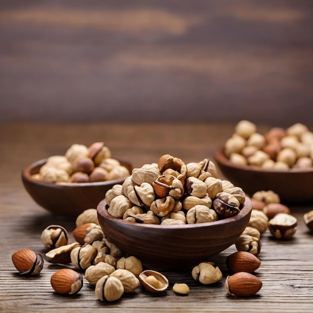 Geïsoleerde noten op een rustieke houten tafel