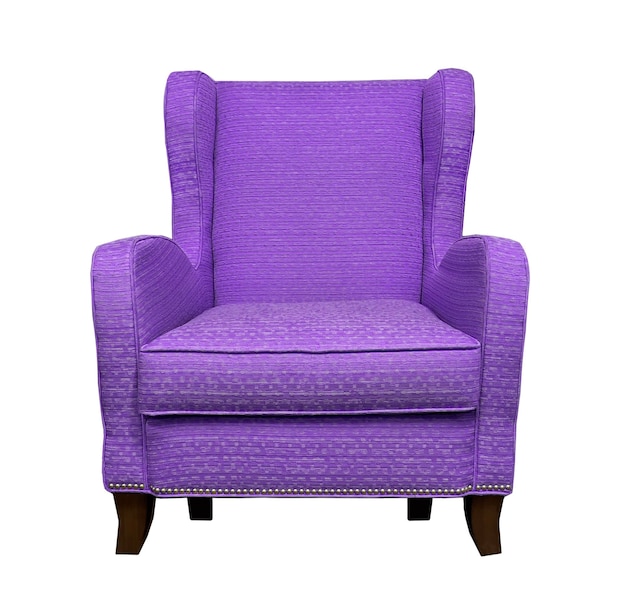 Geïsoleerde paarse fauteuil met zachte armleuningen. Violette stoel op witte achtergrond