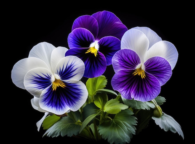 Geïsoleerde pansy bloemkop op zwarte achtergrond Viola x wittrockiana gecreëerd met Generative AI-technologie