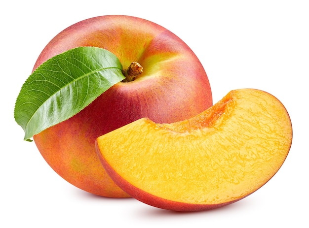 Geïsoleerde perzik met blad Perzikfruit op witte achtergrond met uitknippad Als ontwerpelement