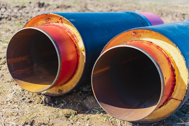 Geïsoleerde pijp Grote metalen pijpen met een plastic omhulsel op een bouwplaats Moderne pijpleiding voor het leveren van warm water en verwarming aan een woonwijk Close-up