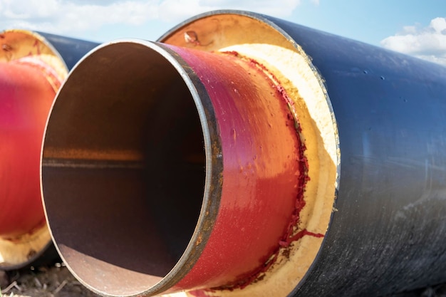 Geïsoleerde pijp Grote metalen pijpen met een plastic omhulsel op een bouwplaats Moderne pijpleiding voor het leveren van warm water en verwarming aan een woonwijk Close-up