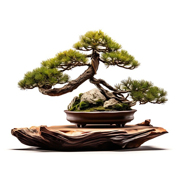 Geïsoleerde Pine Bonsai Boom Houten Pot Gebundelde Naald Zoals Bladeren Natuur op Wit BG Japan Chinese Kunst