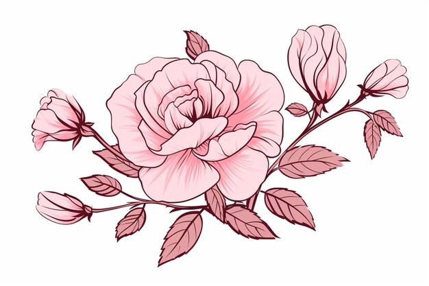 Foto geïsoleerde rozenbloemlijnkunst met bladclipart