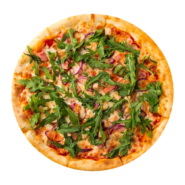 Geïsoleerde rucola kruiden pizza met rode ui