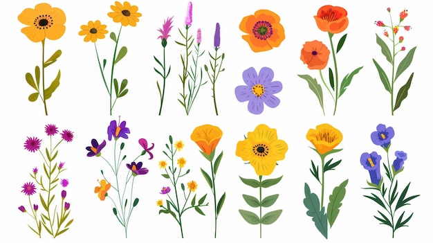 Geïsoleerde set van kleurrijke bloemen iconen Moderne illustratie van bloemen in platte streepje stijl