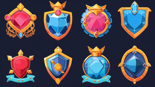 Geïsoleerde set van spel rang badges met gouden en zilveren frames Niveau vooruitgang icoon rating embleem en oorlog trofee ontwerp