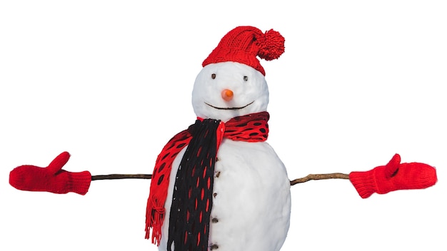 Geïsoleerde sneeuwpop in rode hoed winterseizoen