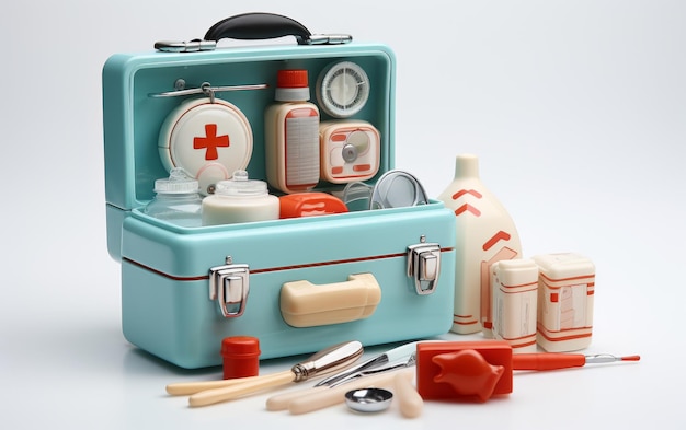 Geïsoleerde speelgoeddokterpakket met medische accessoires op witte achtergrond