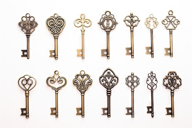 Geïsoleerde vintage sleutels op een witte achtergrond