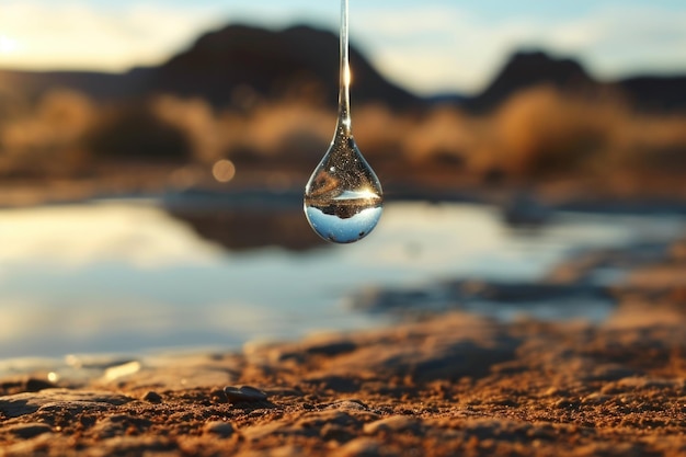 Geïsoleerde waterdruppel in de woestijn Een boeiende foto met een eenzame waterdruppel die de zwaartekracht tart in het midden van een desolate woestijn