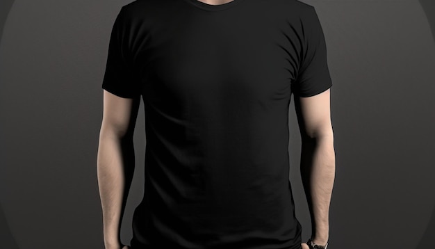 geïsoleerde zwarte t-shirt mockup model vooraanzicht man met zwarte t-shirt op grijze achtergrond