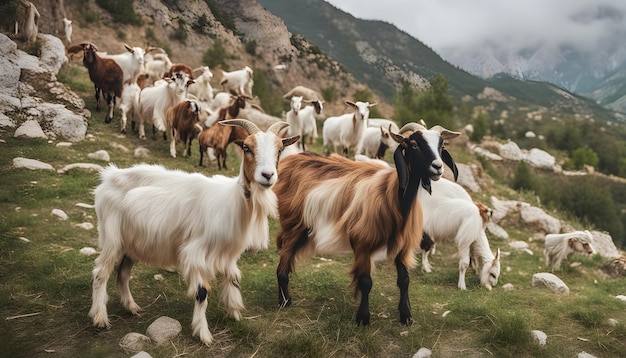 geiten staan in een veld met bergen op de achtergrond
