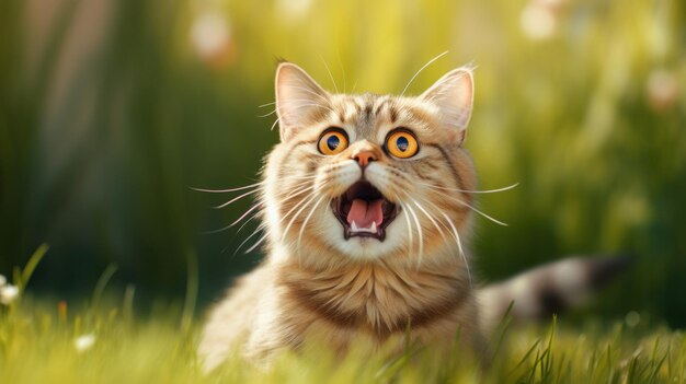 Gek schreeuwende kat op de natuur in het gras Kat met open mond ruimte voor tekst