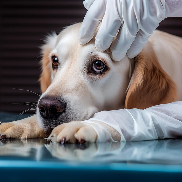 Foto gekapte afbeelding van een dierenarts in latex handschoenen die onderzoekt