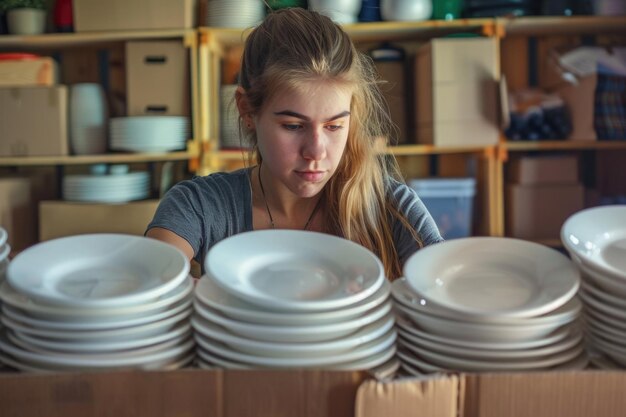 Gekapte afbeelding van een jong meisje dat borden in de dozen verpakt die klaar zijn om te verhuizen