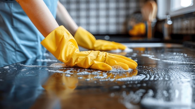 Gekapte afbeelding van een jonge vrouw in rubberen handschoenen die de keukentafel schoonmaakt