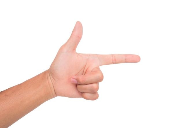 Gekapte afbeelding van een persoon die tegen een witte achtergrond wijst