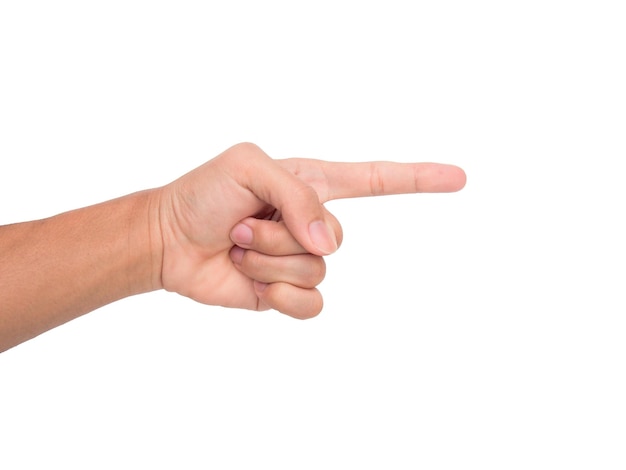 Gekapte afbeelding van een persoon die tegen een witte achtergrond wijst
