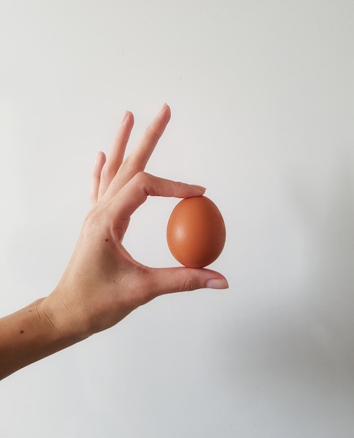 Gekapte afbeelding van een vrouw met een ei tegen een witte muur