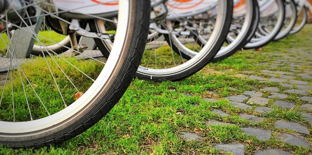 Foto gekapte afbeelding van fietsen geparkeerd op het veld