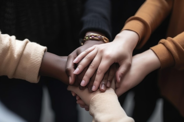 Gekapte foto van een groep mensen die elkaar de hand geven in solidariteit gemaakt met generatieve AI