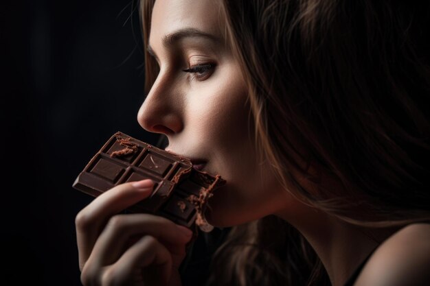 Foto gekapte foto van een jonge vrouw die chocolade eet gemaakt met generatieve ai