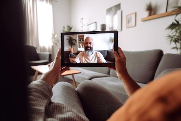 Gekapte foto van een onherkenbare man die een videogesprek voert terwijl hij thuis op zijn bank zit