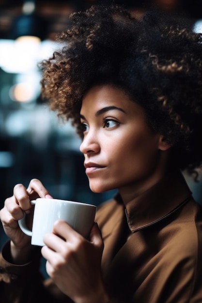 Gekapte foto van een vrouw die koffie drinkt in een café gemaakt met generatieve AI