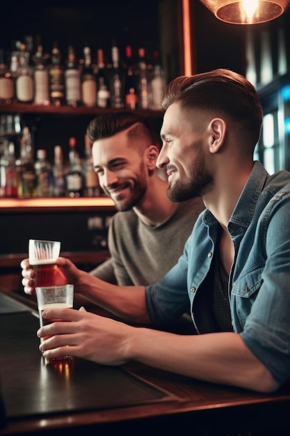 Gekapte foto van twee vrienden die een drankje drinken in de bar.