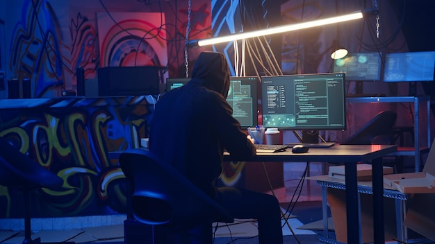 Gekapte hacker arriveert in een verborgen ondergrondse schuilplaats.