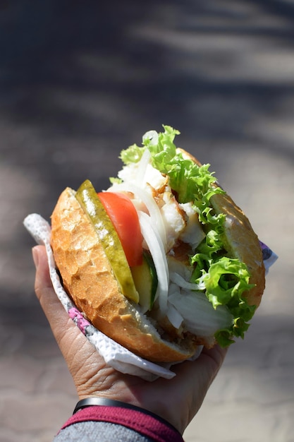 Gekapte hand die een hamburger vasthoudt op een zonnige dag.